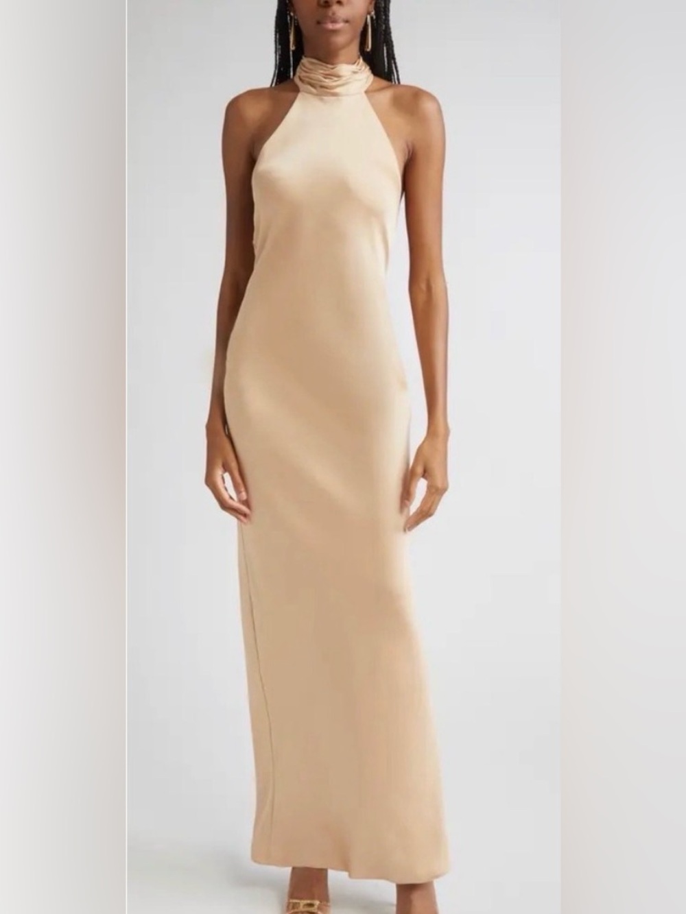 Ramy Brook Tatiana Gown in Light Champagne Satin, Halter Maxi Dress, Size 4